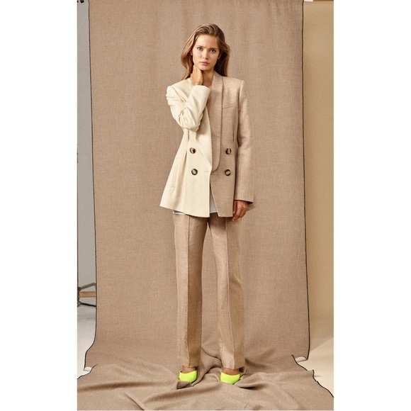 Acler Belvue Linen Blazer Jacket Double Breasted Two Tone Color Block Tan 8 NWOT - Picture 4 of 14